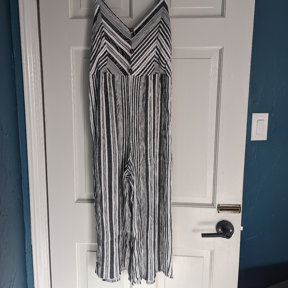 Women's L White Grey Striped Wide Leg Jumpsuit Adjustable Straps Smocked Back